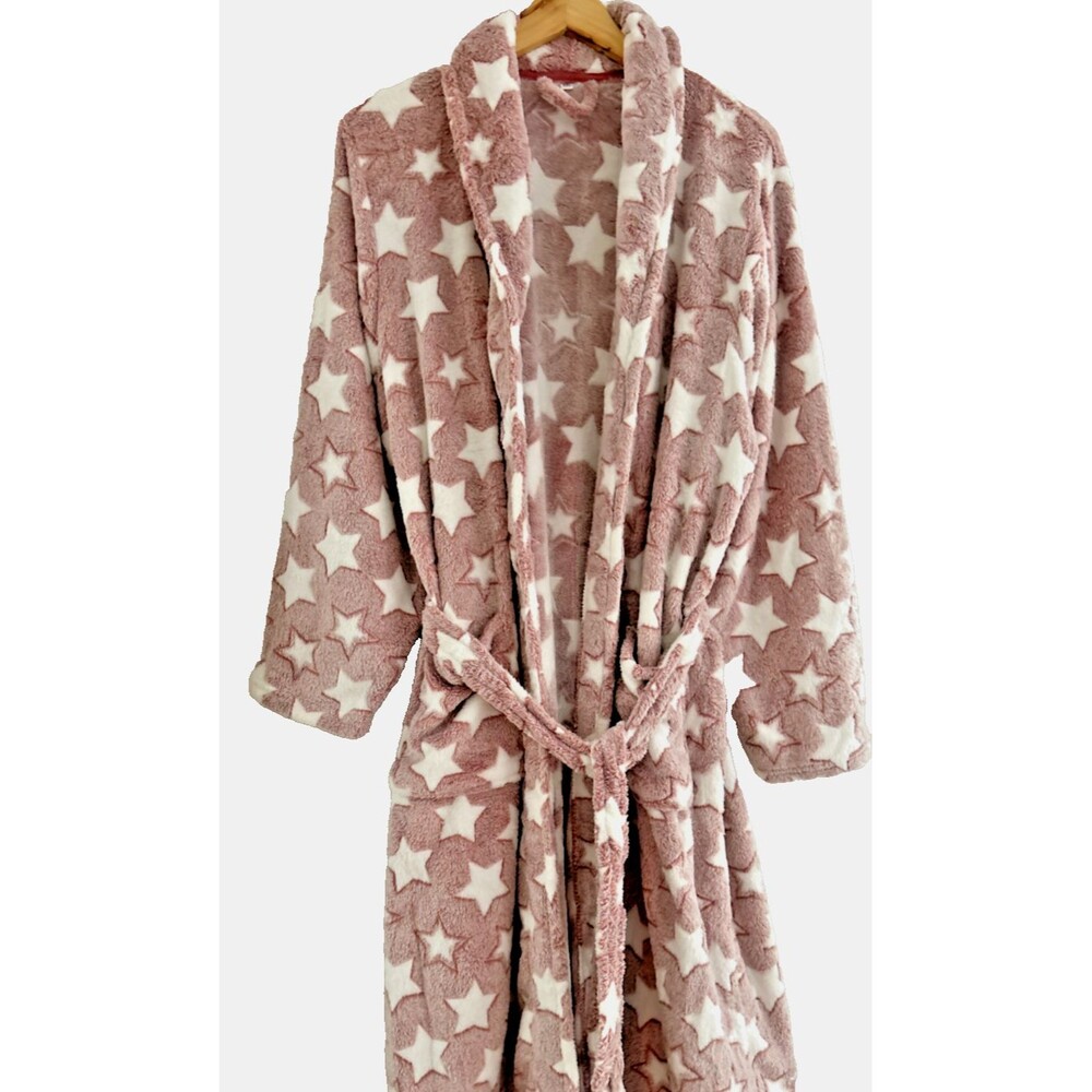 Womens XL Red Brown Print Soft Plush Fleece Long Robe Warm Bathrobe Cozy Spa